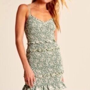 Abercrombie and Fitch Women's Green Floral Smocked Mini Dress, Wedding, Party S